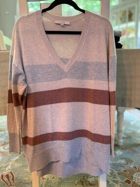 LOFT Oversized Striped V-Neck Tunic Sweater Beige Gray Mauve M